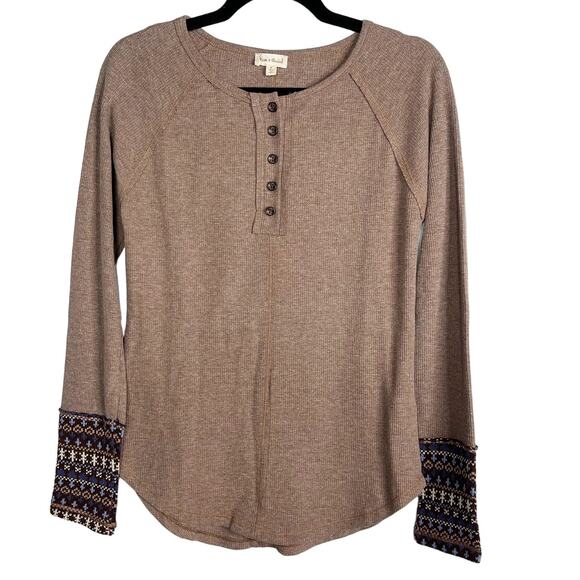 New Hem & Thread Brown Small Thermal Long Sleeve Henley Knit Cuff Cotton Waffle - Picture 1 of 9